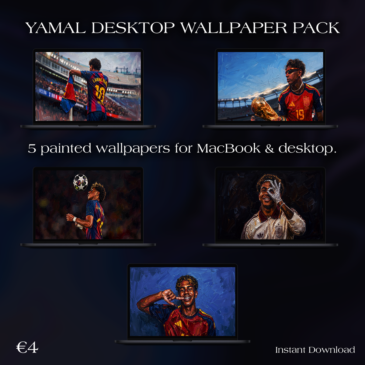 Football Wallpaper Bundle – 25 Painted Wallpapers for MacBook & PC | Messi, CR7, Neymar, Yamal & Icons